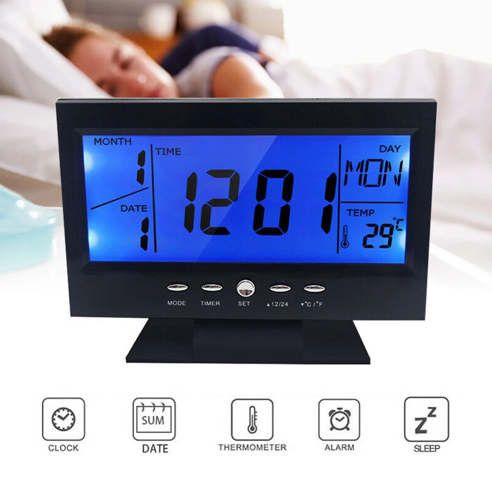 Функция повтора прямоугольной формы домашний декоративный спальня ЖК-дисплей Цифровые Офисные Настольные часы-будильник с термометром на батарейках