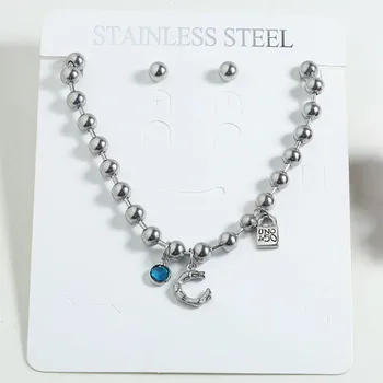 

Fashion Women Men Silver Color Stainless Steel Crystal Lock Key Uno 50 Ball Bead Letter Necklace Earring Jewelry Sets