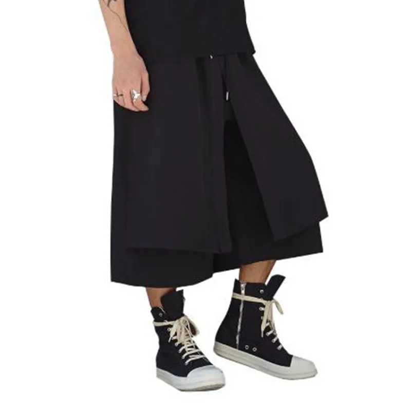 Men's pants summer slouchy wide-leg pants casual culottes men's shorts fake two pieces cropped pants hip hop yamamoto style