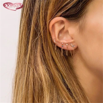 

2019 New Fashion Moon Star CZ Stud Earrings for Women 925 Sterling Silver Chain Earrings Gold Silver color Flower Ear Jewelry