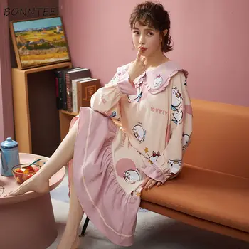 

Nightgowns Womens Loose Plus Size Long Sleeve Sleepshirts Casual 4XL Korean Style Kawaii Sweet Peter Pan Collar Printed Chic
