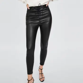 

Lace Up Drawstring High Pencil Pants Waist Faux Leather Trousers Lady Slim Fit Fleece PU Skinny Elastic Hot Women Black