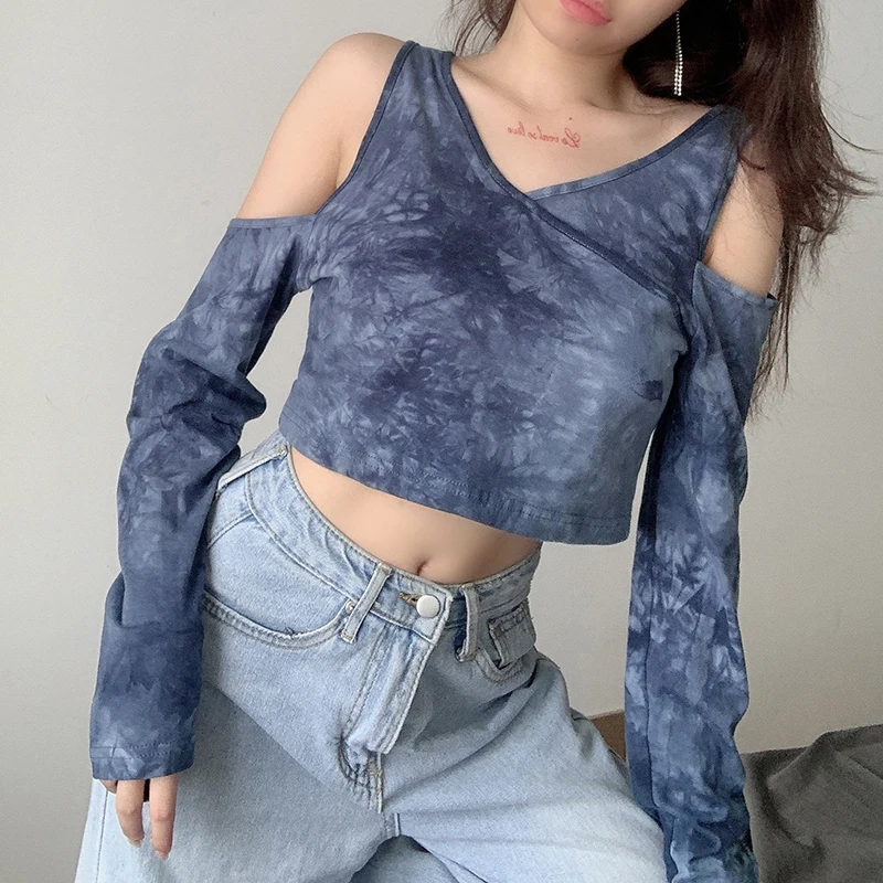 

Womens Tie-dye Shirts Fashion Long-sleeved Hollow Out Tops High Street Personality V-neck Off-shoulder Exposed Navel T-shirt