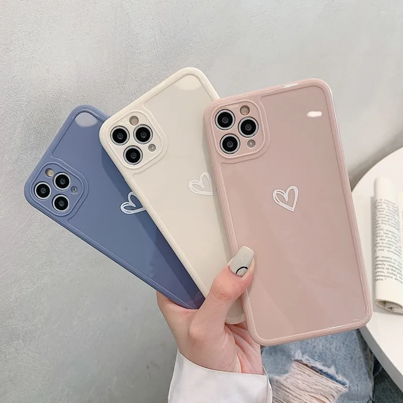 Love Heart Phone Case For iPhone 11 12 Pro Max 7 8 Plus X XR XS Max Candy Color Square Frame Back Cover For iPhone 7 8 Plus