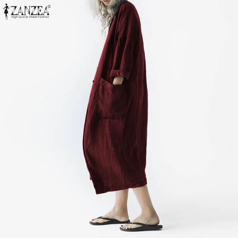 Весенне-осенние женские винтажные Длинные куртки ZANZEA Дамская хлопковая ветровка Дамский кардиган с карманами зимняя тонкая верхняя одежда пальто