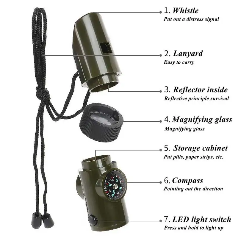 7in1 Emergency Survival Whistle Compass Multifunction Tool Magnifier Flashlight Storage Container Thermometer for Camping Hiking