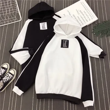 

White Black Patchwork Color Letter Print Hoodies Unisex Winter Autumn Harajuku Hooded Sweatshirt Loose Pullover Femme Homme