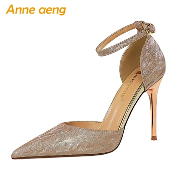 

2020 New Summer Women Sandals 9.5cm High Thin Heel Pointed Toe Bling Bridal Wedding Women Shoes Champagne Sexy Ladies High Heels