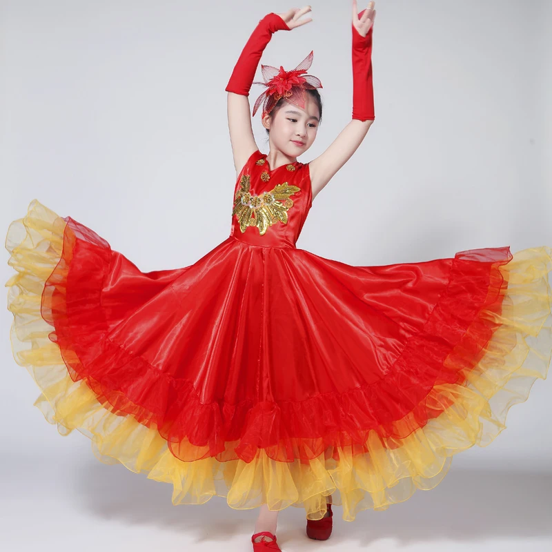 Современная детская испанское Фламенко юбка Цыганский испанский танец костюмы для девочек бульдог бои юбка хор народные танцевальные платья DL4216