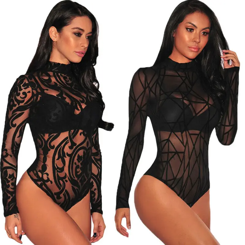 

Women Sexy Lace Body suit Sheer Mesh Floral Turtleneck Long Sleeve Leotard Jumpsuit Tops