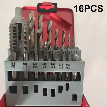 

16pcs Tap Spiral Drill Bits Kit M3 M4 M5 M6 M8 M10 M12 Steel Hand Tool Box Set