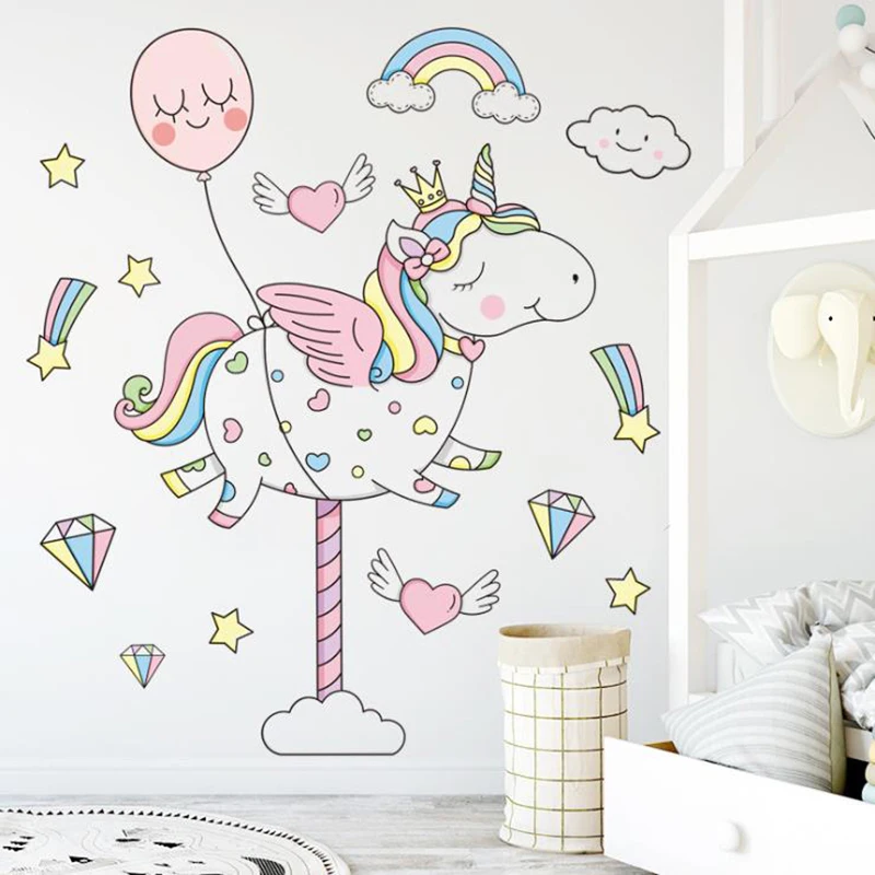 Diy Cartoon Unicorn Wall Stickers Room Decor Baby Bedroom Decoration Cute Animals Wallpaper Stickers Peel And Stick Mural Decals Wall Stickers Aliexpress
