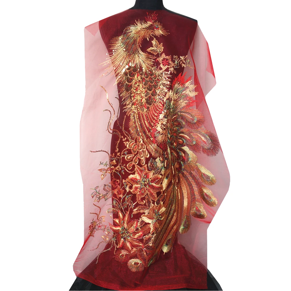 Huge Sequin Embroidered Lace Phoenix Applique Sewing Red Mesh Fabric Trimming Patch Wedding