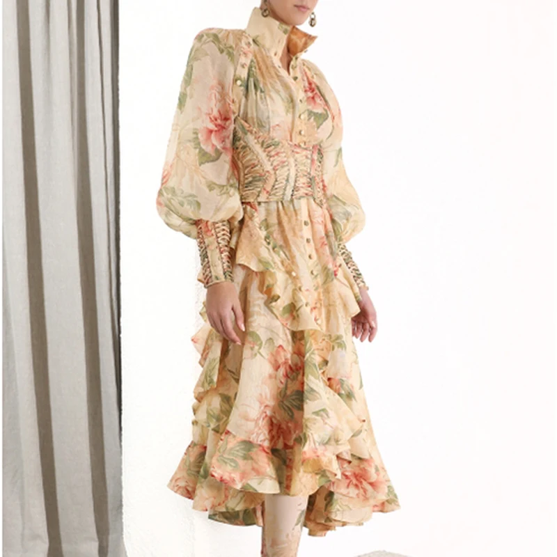 [LIVIVIO] винтажное женское платье СО СТОЯЩИМ ВОРОТНИКОМ с рукавами-фонариками Высокая талия с поясом оборки Асимметричные миди платья женские
