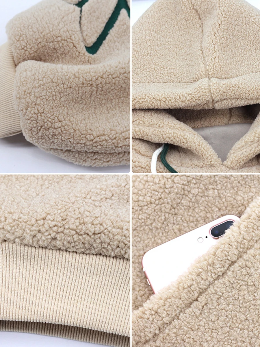 Faux Lambs Wool Hoodies Sweatshirts Women Hooded Long Sleeve Pocket Letter Autumn Winter Pullovers Warm Oversized Outwear W245