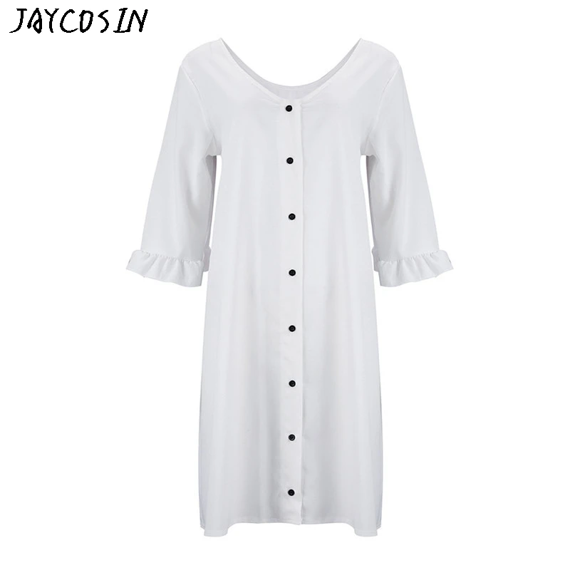 JAYCOSIN, новинка, красивые платья, модные, женские, повседневные, v-образный вырез, на пуговицах, одноцветные, три четверти, с оборками, платье Jurk Vestidos, Прямая поставка#1203
