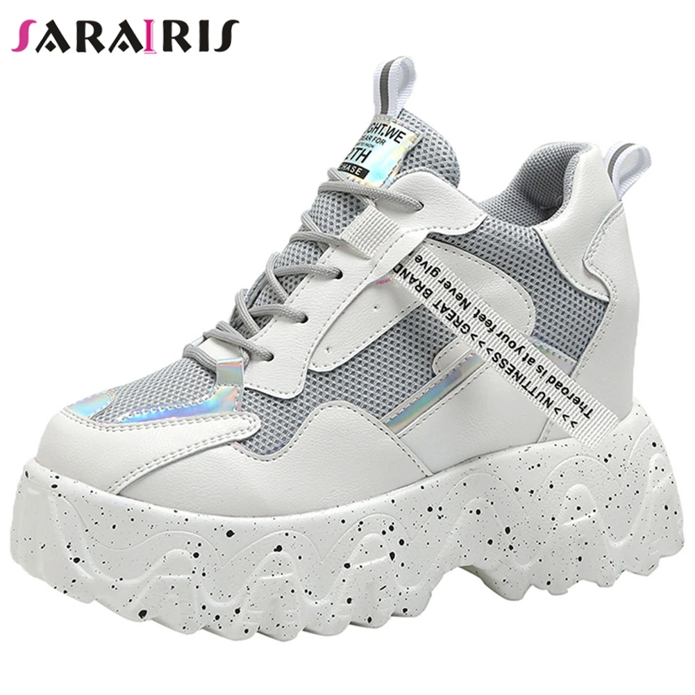 

SARAIRIS New Brand Female Sport Casual Leisure Metallic Lace Up Air Mesh Flats Platform Office Spring Flats Women Shoes Woman