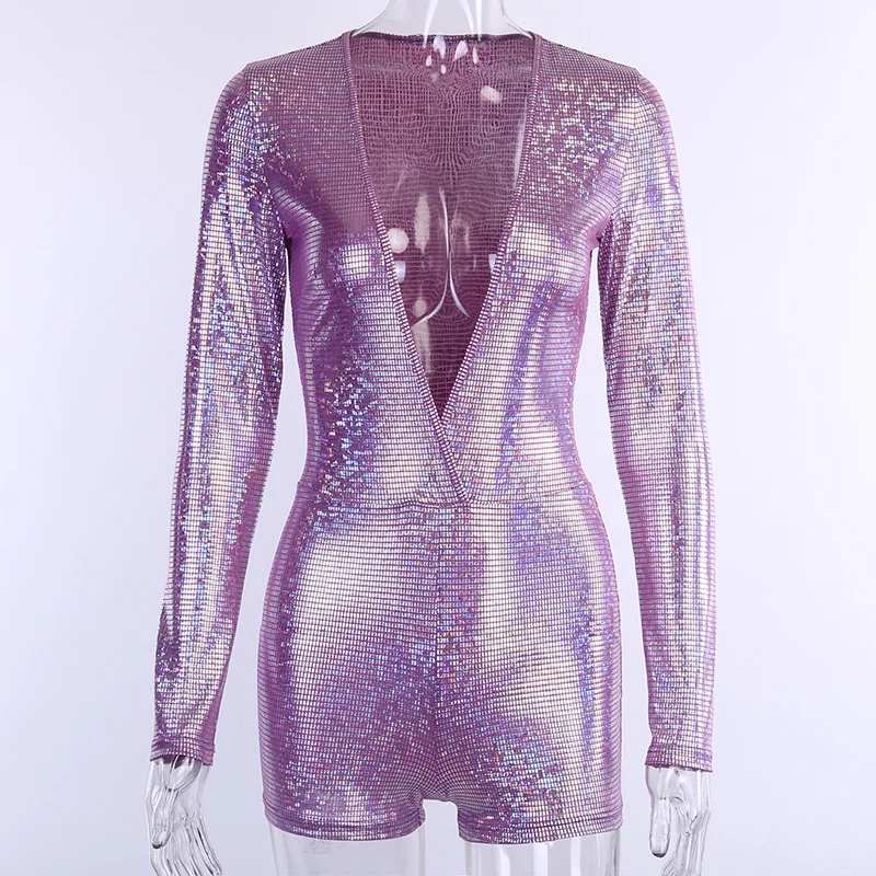 Фиолетовый Глубокий v-образный вырез Блестящий горячий штампованный женский комбинезон осень зима модный комбинезон с длинным рукавом женская сексуальная одежда в стиле кэжуал