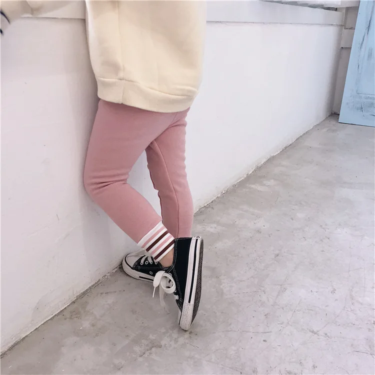 Autumn Winter Baby Girls Sandy Color Thicken Thread Patchwork Skinny Pants Kids All-match Fashion Leggings Render Pants