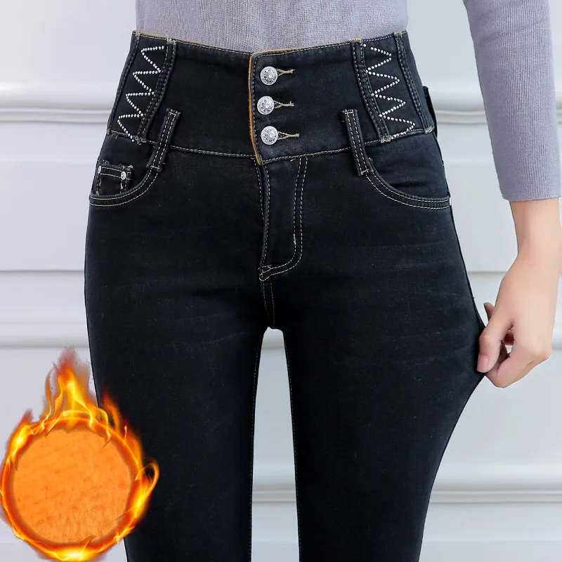 black with velvet New Plus Velvet Thicker Women Jeans Warm High Waist Trousers Cowboy Pants Loose Denim Jeans Pants Winter pencil Pants Jeans - Цвет: black with velvet