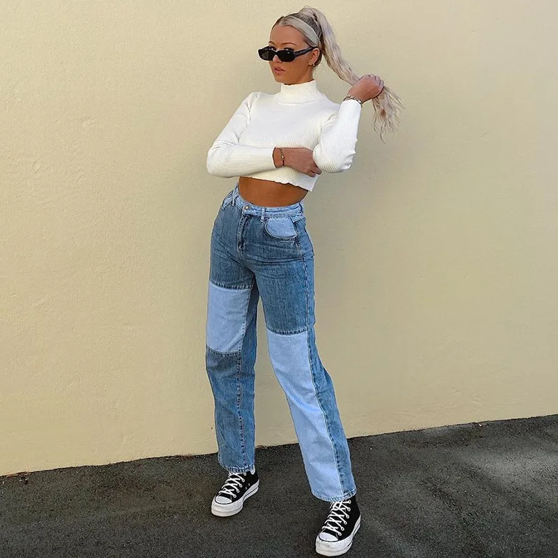SIDDONS Jeans For Women Fashion Patchwork Jeans Baggy Pants Women Streetwear Cargo Pants High Waisted Denim Straight Trousers