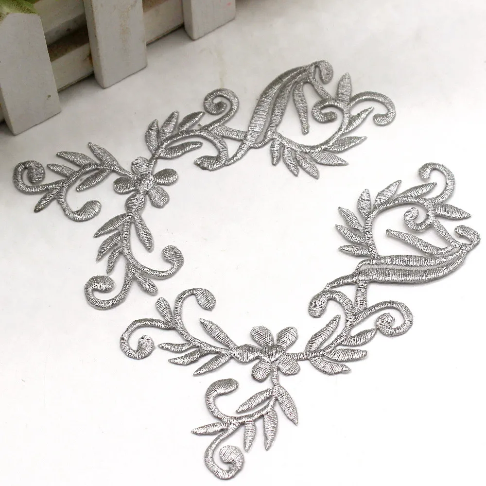 Iron On Flower Trims Gold Embroidery Patches Mirror Pair Appliques For Cosplay Costumes Dress 12.8cm-6.5cm 2 Pcs