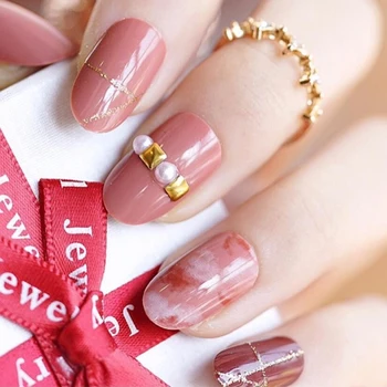 

24Pcs Fashion Fake Nails Khaki Pink Marble Square Artificial Nail Tips with Glue Sticker for Office Home Faux Ongle