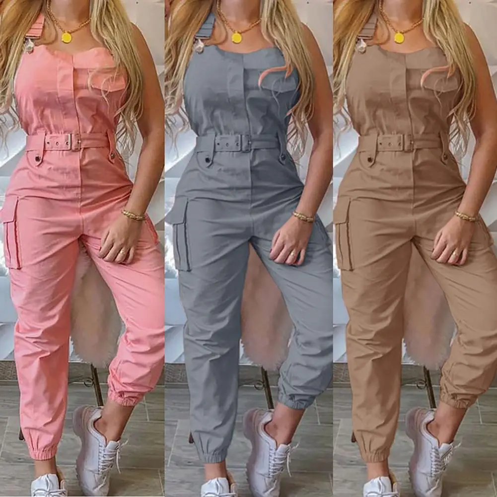 

Women Fashion Sleeveless Pockets Blet Ankle Tied Long Pants Overall Jumpsuit Ankle Tied, Solid Color, Ankle Tied hot sales!!!!!!
