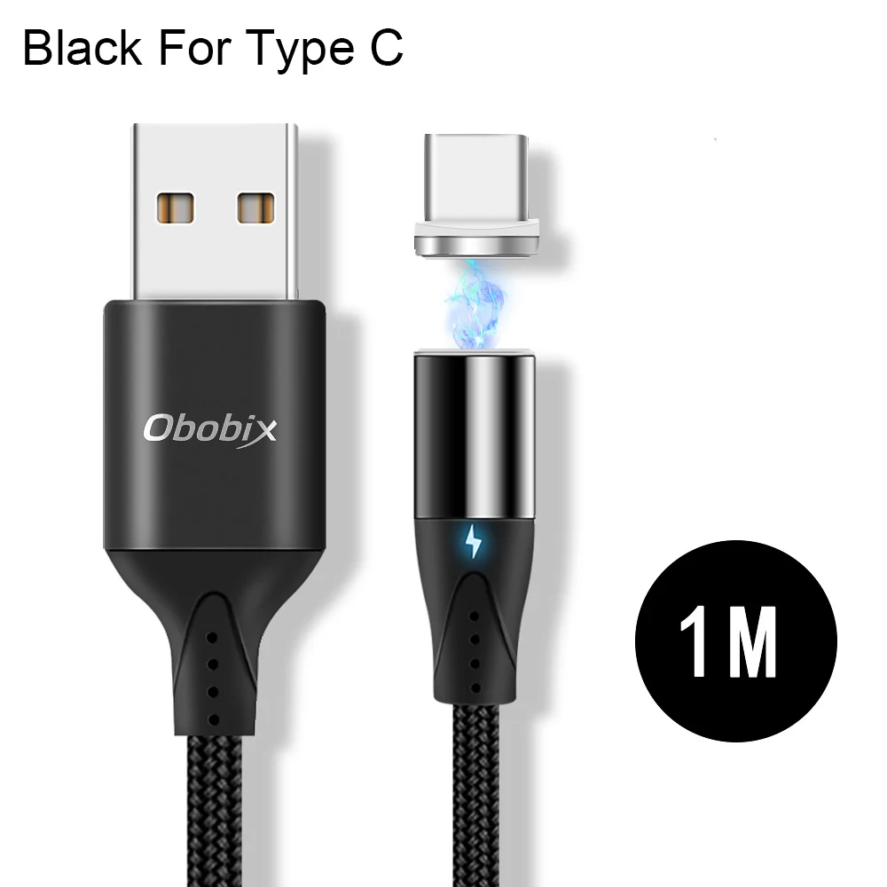 Магнитный кабель Obobix USB type C для зарядки Xiaomi Redmi Note 7 8, кабель для передачи данных usb type C, магнитный кабель для быстрой зарядки телефона - Цвет: Black