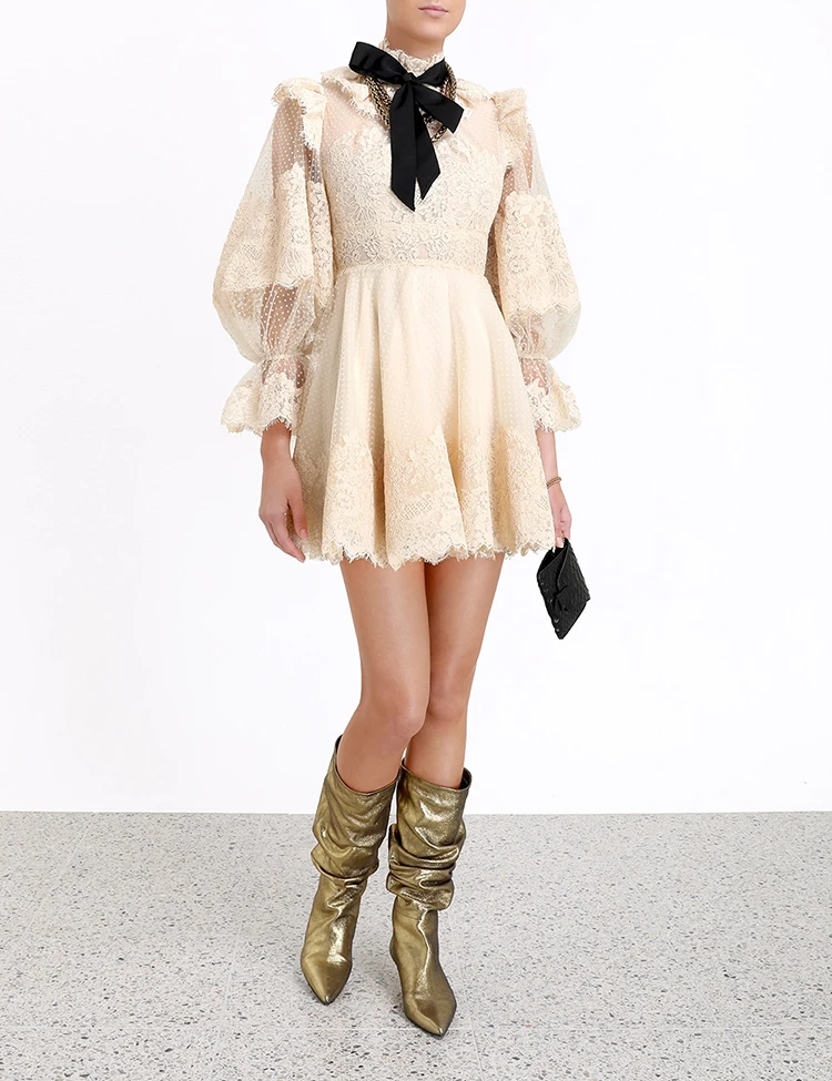 Осеннее подиумное женское милое кружевное Сетчатое лоскутное шифоновое мини-платье Элегантное сексуальное платье с рукавами-фонариками и бантом на шее с оборками Vestido
