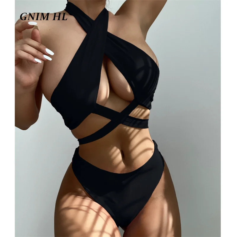 

GNIM Bandage Solid Swimwear Women 2 Pieces Bikini Mujer 2022 Summer Sexy Hollow Out Backless Women's Swimsuit Conjunto Biquinis