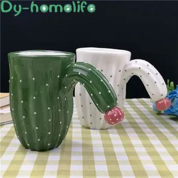 

Ceramic Mug 430ML Green Cactus with Handle Spoon Coffee Tea Cup Couple Water Ware Home Kitchen Bar Decoration Office Drinkware