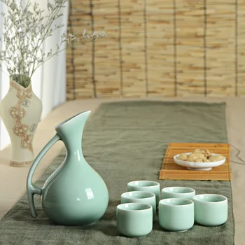 

250ml Celadon Wine Set Court Handle Hip Flask 1 Pot 6 Cups Sake Vodka Swan Wine Gift Half Month Liquor Divider Bar Set