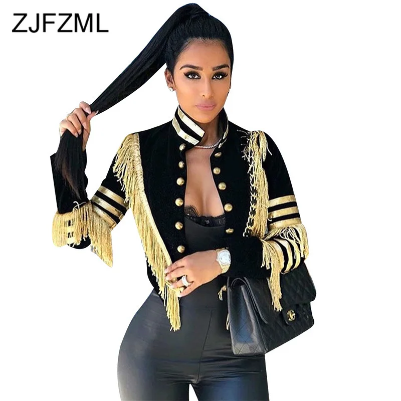 Gold Tassels Patchwork Autumn Cropped Coats and Jackets Women Long Sleeve Button Up Bomber Jacket Causal Glitter Slim Black Coat