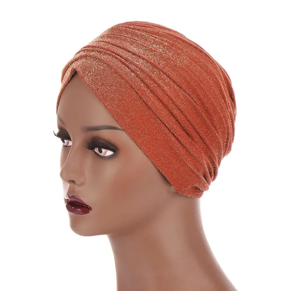 

2020 New Women Glitter Turban Hat Muslim Crinkle Headwraps Bonnet Solid Color Ruffle India Cap Islamic Hijab Underscarf Cap