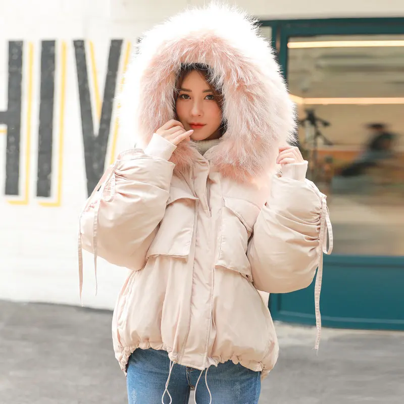 

Main Push INS Short down Coat Women's 2018 Winter Models Thick Students Large Fur Collar Shirred down Jacket Cotton-padded Cloth