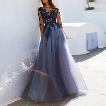 

Prom Dress A-Line Tulle Bateau Long Sleeves Open Back Dark Blue with Appliques Party Gown