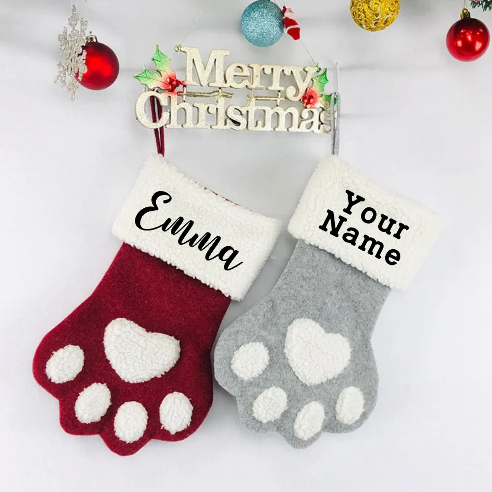 Personalised Cat and Dog Red and Grey Christmas Stocking Paw Print Dog Stocking Pet Dog Christmas Stocking Custom Gift for Dogs