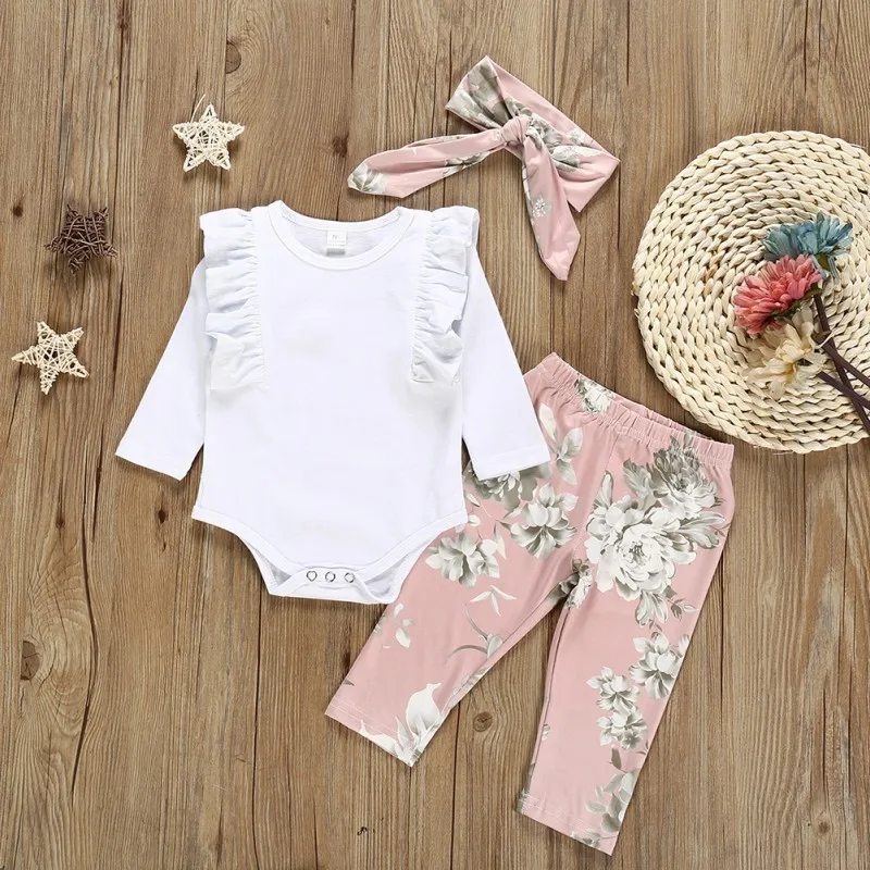 

New Autumn 0-24M Newborn Casual Baby Girl Clothes Rompers And Printing Trousers And Headband Kids Three-piece Outfit Set #m