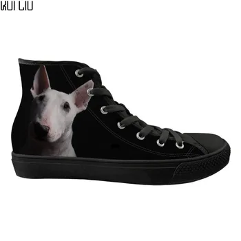 

Customized Flats Sneakers Black Cute Animal Bull Terrier Printing High Top Canvas Vulcanized Shoes for Children Leisure High-top
