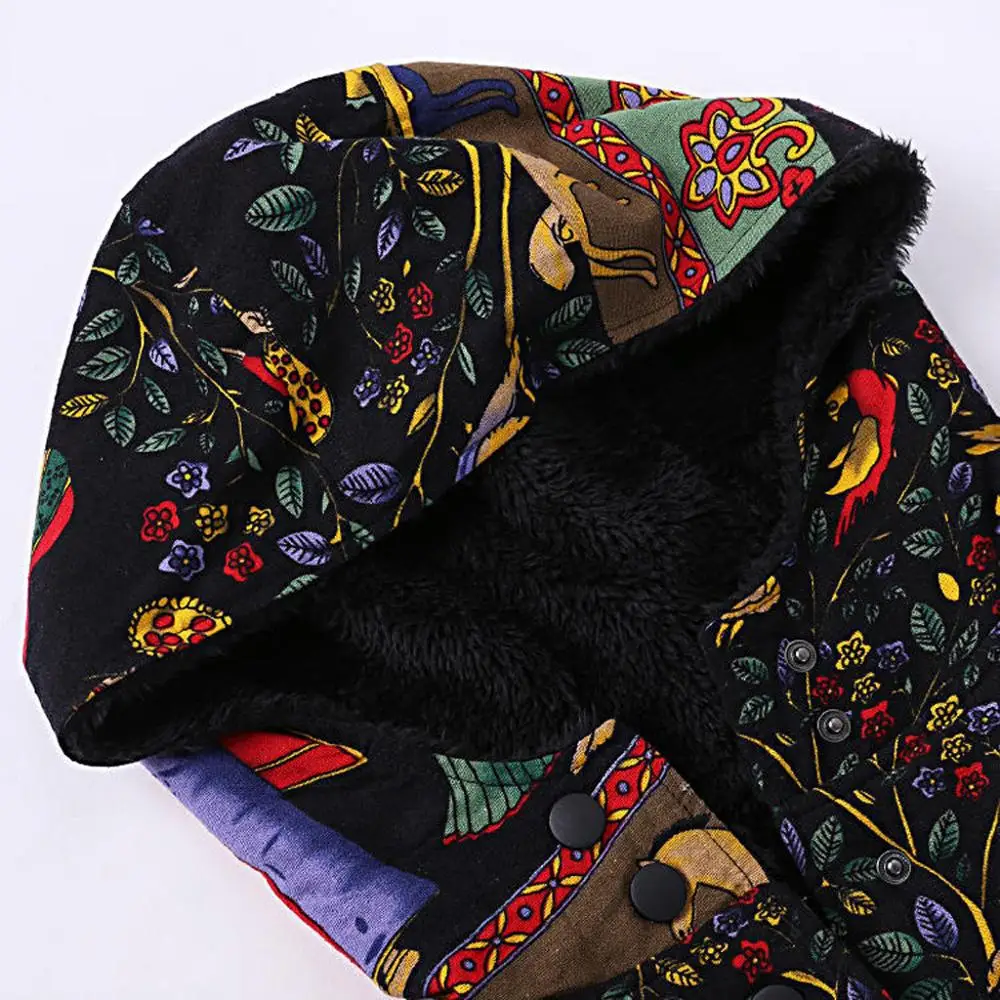Женская зимняя теплая винтажная куртка с принтом, с капюшоном, с карманами, большие размеры, на застежке, пальто для девушек размера плюс, толстая верхняя одежда, одежда M~ 5XL