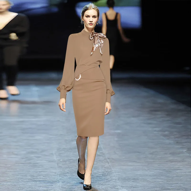 

Gedivoen Spring Suit Striped Ladies Collar Vintage Lantern Sleeve luxury Beading SashesBack Side Split Skirts 2 Two Pieces Set