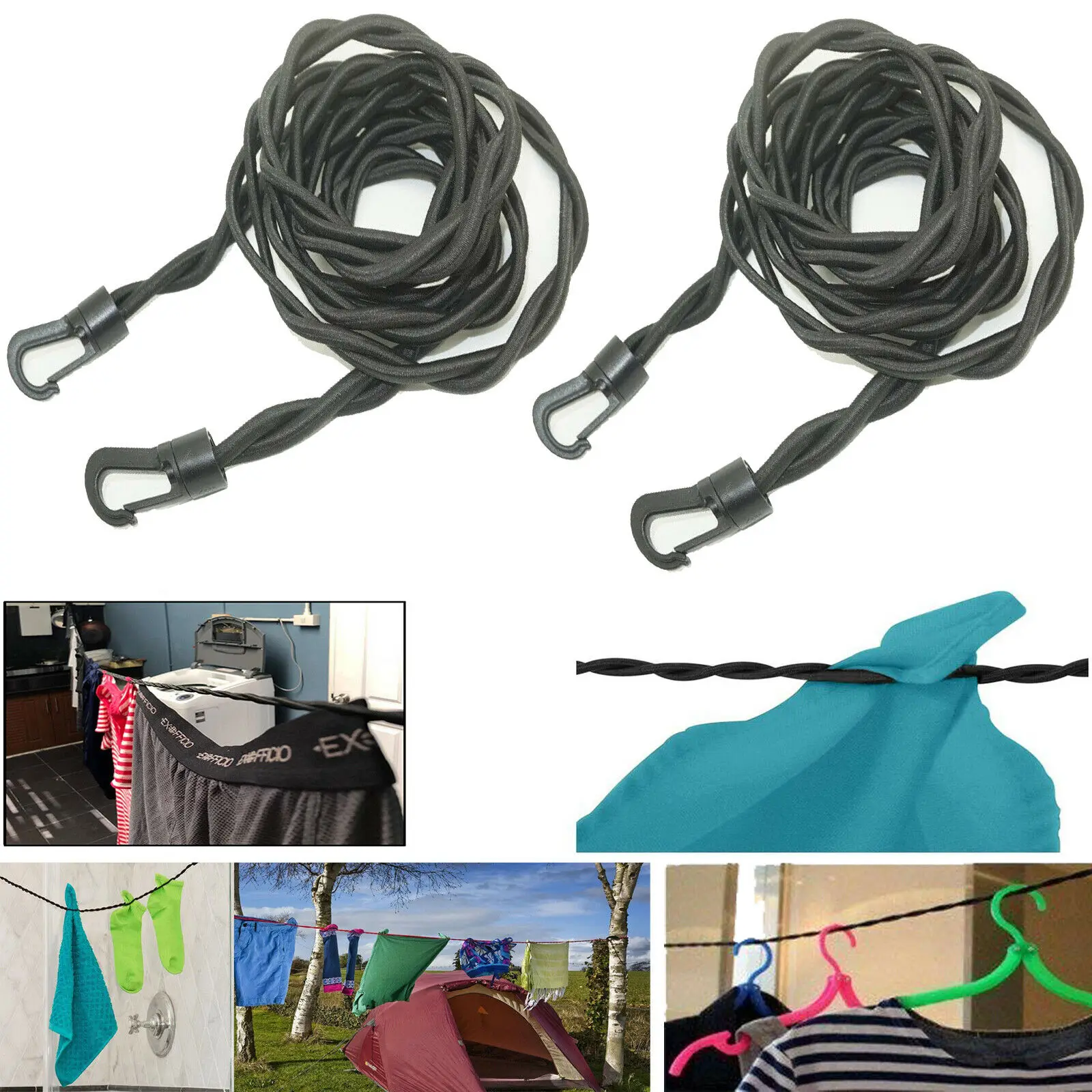 2x Travel Clothesline Clothes Line Pegless Washing Camping Free