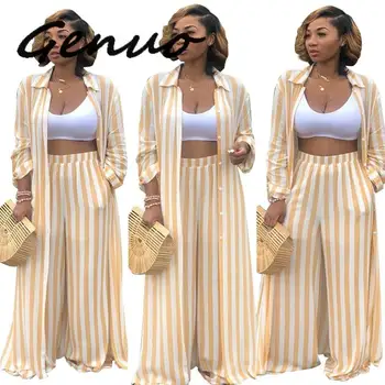 

Genuo Wide Leg Pants Striped Set Top And Pants Full Length Pants Pants Set Two Piece O Neck Women Set Womens Outfits 2019