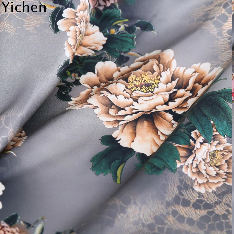 Винтажная Цветочная Серая шелковая ткань стрейч-сатин натуральный шелк спандекс ткани для платья шириной 108 см 19momme