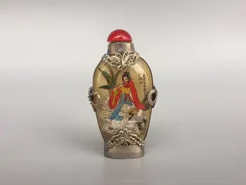 

Chinese old beijing glass built-in painting snuff bottle Tibetan silver mosaic glass Characters pattern