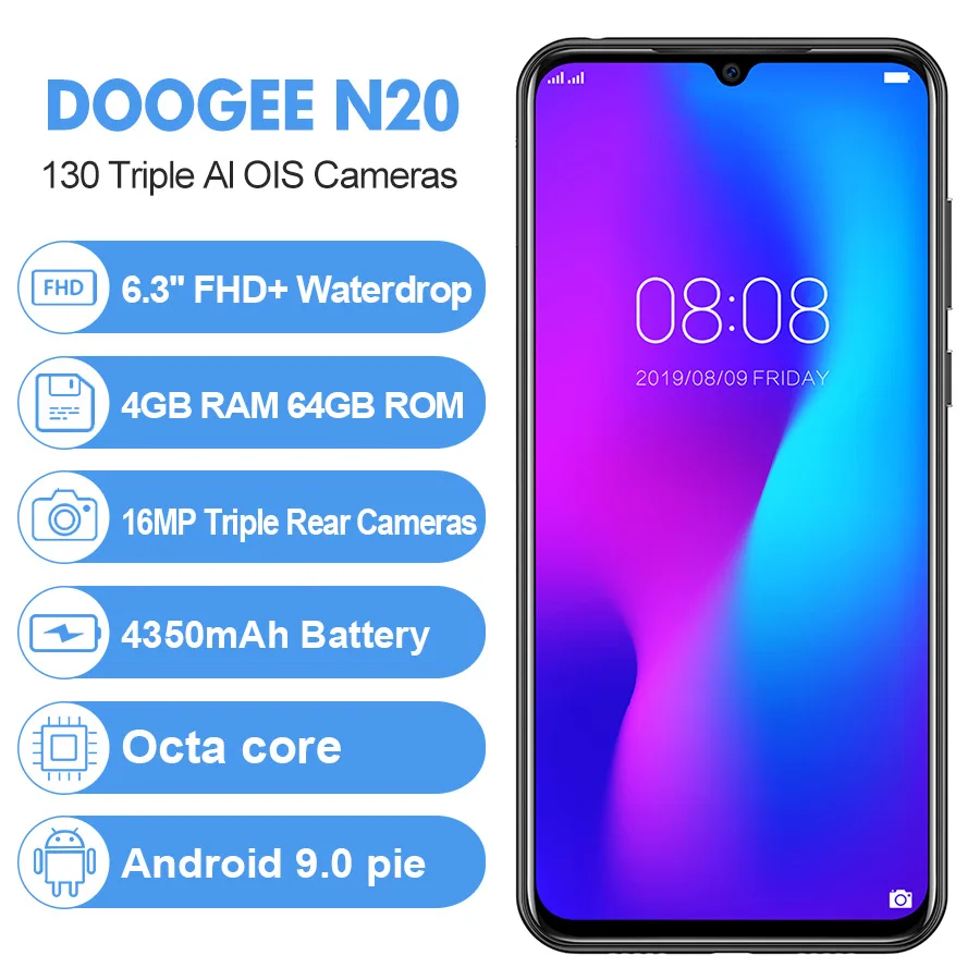 DOOGEE N20, новинка, смартфон, 6,3 дюймов, FHD+ дисплей, 4350 мАч, 4 Гб+ 64 ГБ, четыре ядра, 10 Вт, зарядка, отпечаток пальца, 16 МП, тройная задняя камера