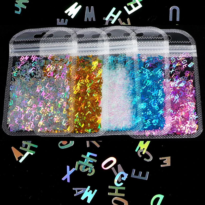 

1 Bag Holo Sequins Glitter Nail Art Mixed Size Letter Design Shape Flakes Tips Manicure Gold Silver 3d Nail Accessories