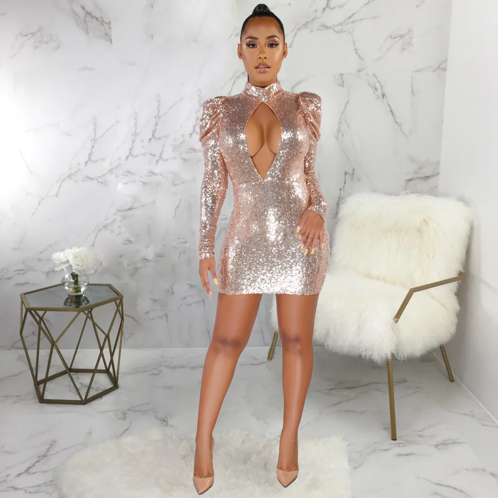 High Neck Women Dress Casual Cut Out Evening Party Glitter Sequins Shiny Bodycon Solid Long Sleeve Pencil Mini Dresses Vestido