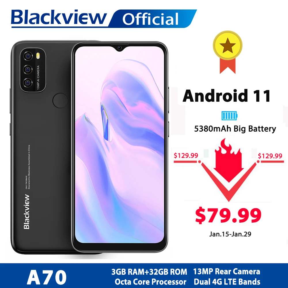 Blackview A70 Android 11 Smartphone 6.517 pouces affichage Octa Core 3GB RAM + 32GB ROM 5380mAh13MP caméra arrière 4G téléphone portable